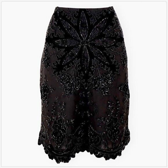 Emma Black Beaded Silk Velvet Embroidered Beaded Pencil Evening Skirt NEW NWT 12 - Picture 1 of 3